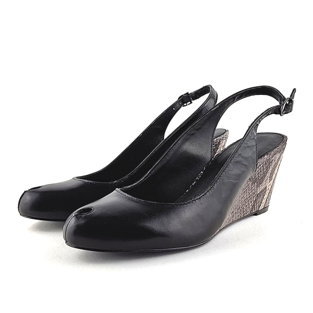 ARTURO CHIANG Black Leather Reptile Print Wedge Slingback Shoe Peep Toe Sz 7.5M